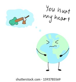save the planet concept art, deforestation problem, clearcutting, cartoon drawing earth planet character with slogan, editable vector illustration