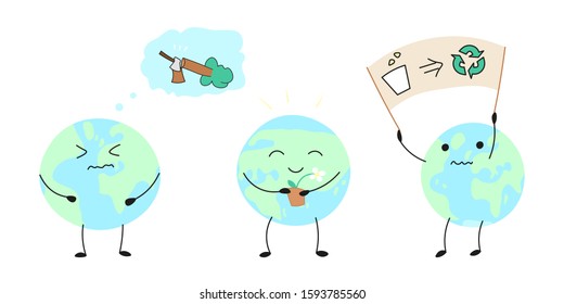 save the planet concept art set, waste, deforestation problem, recycle symbol, cartoon drawing earth planet character with slogan, editable vector illustration