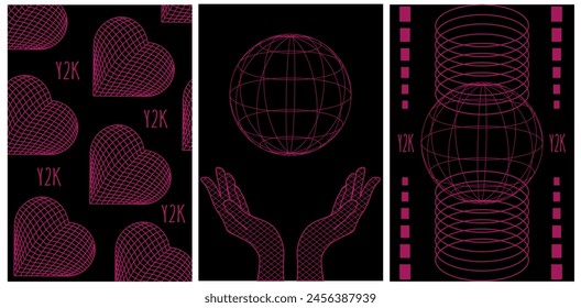 Save the Planet concept with contemporary 3D Wireframe Shapes and hand. Set Web Posters in trendy Grunge Geometrical style with Y2K Forms. Vector aesthetic for social media design.