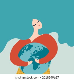 Save the planet. Concept of the Earth day vector. Woman holding planet symbol. Girl hugging globe. Taking care of Earth. Environment conservation and energy saving concept. World map. Water protection