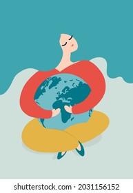 Save the planet. Concept of the Earth day vector. Woman holding planet symbol. Girl hugging globe. Taking care of Earth. Environment conservation and energy saving concept. World map. Water protection