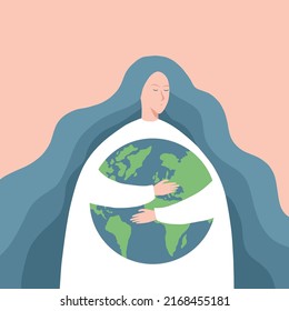 Save the planet, concept of the Earth day. Woman holding planet symbol. Girl hugging and taking care of Earth. Environment conservation and energy saving concept.