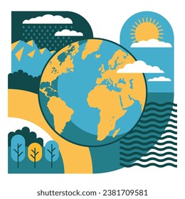 Save Planet concept - Earth globe in creative geometric pattern with different weather. Environment protection eco-friendly motivation. Vector illustration