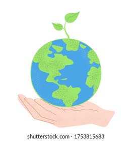 Salvemos el concepto del planeta. La Tierra en manos de los humanos. Cuidar del mundo. Una pequeña foto de una planta verde. Sé verde. Ilustración vectorial aislada en blanco.