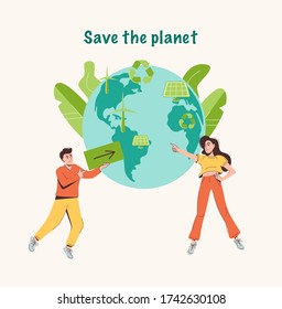 Save the planet concept. Earth with leafs. Two characters volunteers want save world and pointed on ways to do it. Vector flat illustration. Ecology nature concept