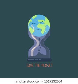 save the planet concept earth melting down in hourglass, eco environment. flat vector illustration.