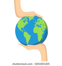 Save the planet concept, earth protection. Vector illustration. Hands holding a plant. 