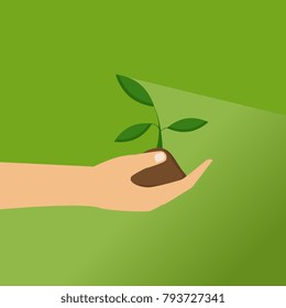 Save the planet concept, earth protection. Vector illustration. Hands holding a plant. 