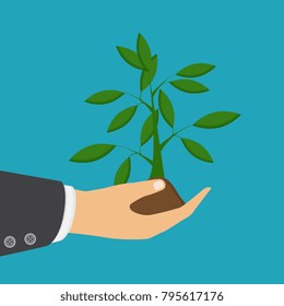 Save the planet concept, earth protection. Vector illustration. Hands holding a plant. 