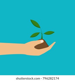 Save the planet concept, earth protection. Vector illustration. Hands holding a plant. 