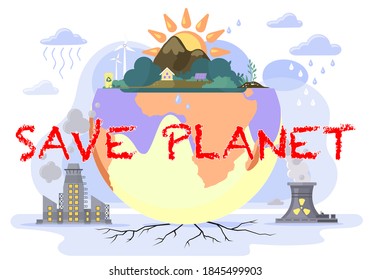 Save the planet concept. Factories pollute land. Destruction of ecology by human activity. Acid rain is harmful to nature. Environmentally friendly production. Earth polluted with harmful emissions