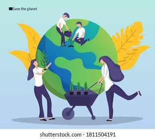 Save the planet Concept Flat Cartoon Vector Illustration. Earth Day Man Save Green Planet Environment. 