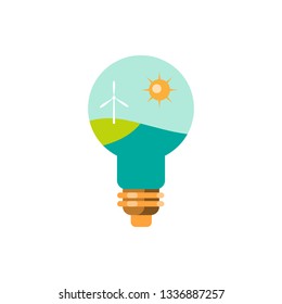 Save the planet concept in flat style. Windmill and sun energy in lightning bulb. Vector illustration
