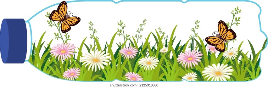 Save planet concept with flower field and butterfly in plastic bottle illustration