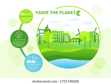 Salvar el concepto Planeta con Energía Renovable Verde y sin contaminación de plástico con una ciudad impulsada por turbinas eólicas en una ilustración vectorial de infografía y color