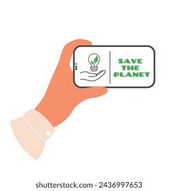 Salvemos el concepto del planeta. Teléfono de mano con icono de ahorro de energía. Mano con bombilla con hojas verdes en el interior. 

