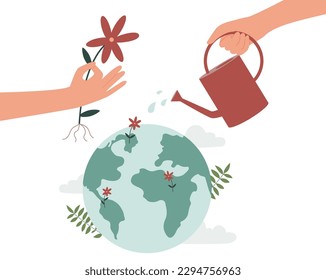 Salvemos el concepto de planeta. Las manos sostienen el mundo de la flor y el agua. El cuidado de la naturaleza y la ecología, el cambio climático. Afiche o cartel motivacional para el sitio web. Gente ecológica. Dibujo vectorial plano de dibujos animados