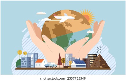 Save planet concept with hands holding globe, Earth hug drawing. Cute cartoon Earth Day. Sustainability, ecology or renewable energy to save environment from climate change or global warming