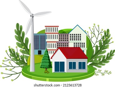 Save planet concept with house building and wind turbine illustration