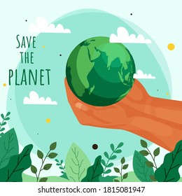 Salvar el concepto del planeta con manos humanas sosteniendo el globo terrestre y hojas decoradas con fondo verde claro.