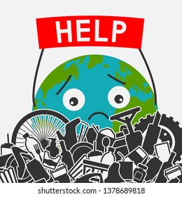Save the planet concept. Littering planet with human waste. Planet earth asks for help to clear it of garbage