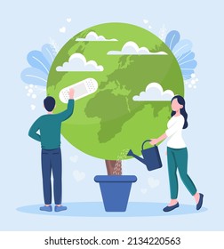 Save planet concept. Man glues plaster to globe, girl pours water from watering can. Eco activists take care of nature, volunteers. Motivation poster or banner. Cartoon flat vector illustration
