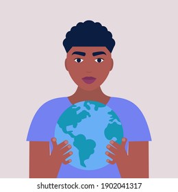 Save the planet concept. Man holding the planet. Colorful flat vector illustration.