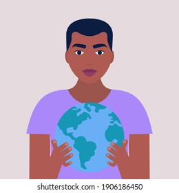 Save the planet concept. Man holding the planet. Colorful flat vector illustration.