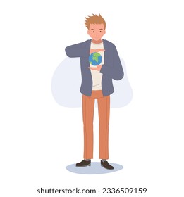 save the planet concept. A man holding earth in her hand. care of the world 