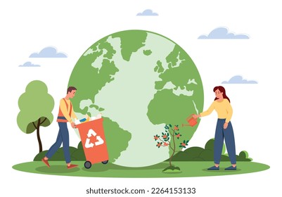 Save planet concept. Man and woman collect garbage on background of globe. Eco friendly society, reducing emission of harmful waste and caring for environment. Cartoon flat vector illustration