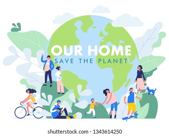 Save the Planet concept with modern multicultural society. Group of different people in community standing together in front of world. Day of the Earth. Environment protection and ecology.