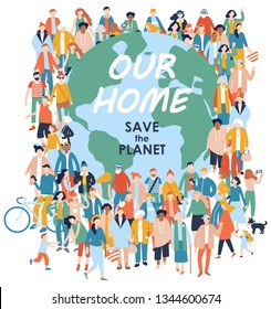 Save the Planet concept with modern multicultural society. Crowd of different people in community standing together around the world. Day of the Earth. Environment protection and ecology.