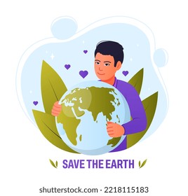 Salvemos el concepto de planeta. Afiche o cartel motivacional. El cuidado del medio ambiente y la naturaleza. Activista y voluntario. Metáfora responsable y ecofriendaria de la sociedad. Dibujo vectorial plano de dibujos animados
