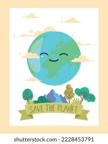 Salvemos el concepto de planeta. Afiche o cartel motivacional para el sitio web. Reducción de la emisión de sustancias nocivas a la atmósfera. Metáfora responsable de una sociedad respetuosa con el medio ambiente. Dibujo vectorial plano de dibujos animados