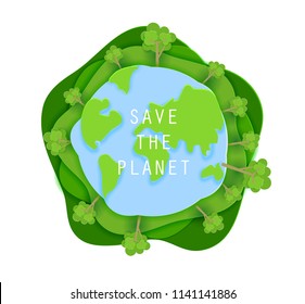 Save the planet concept poster in paper art origami style. Vector illustration paper cut design. Green earth round sign.