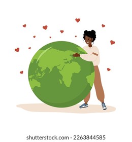Save the planet concept. Smiling african woman next to large globe. International Mother Earth day. Caring for Nature and environment. Vector illustration in flat cartoon style.
