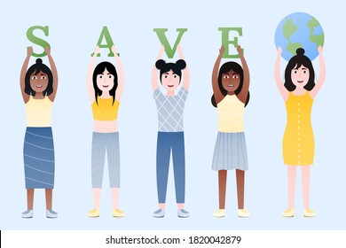 Save planet concept for social poster, diversity group of kids carrying letters and earth, harmony with nature, eco-friendly