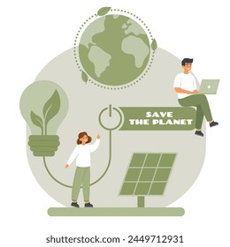 Save the planet concept. Using solar panels. Control energy consumption via laptop. Vector