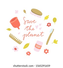 Save the planet concept. Vector illustration about ecological lifestyle. Reduce waste and hygiene theme poster