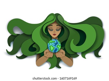 Save planet concept vector illustration. Layered paper cut style beautiful girl with long wavy green hair holding earth globe in hand palms.