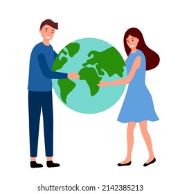 Guardar la ilustración del vector de concepto del planeta en fondo blanco. Hombre y mujer sosteniendo la tierra en diseño plano.