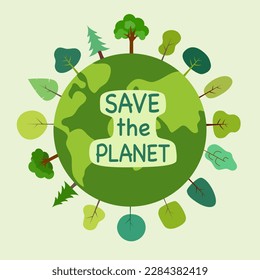Save the planet concept vector illustration. Green trees on planet earth in flat design.