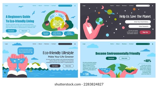 Save planet concept at web banner design set. Flat man woman character care about earth at landing page collection, vector illustration. Eco friendly living promotion at website interface