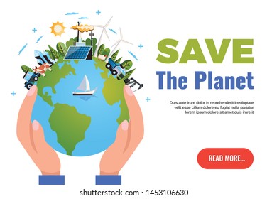 Save the planet concept with wind power and solar energy symbols flat vector illustration