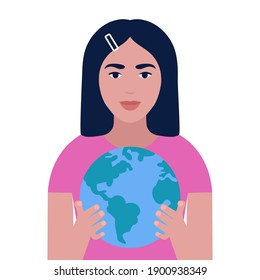 Save the planet concept. Woman holding the planet. Colorful flat vector illustration.