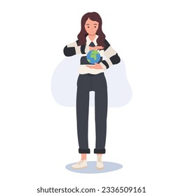 save the planet concept. woman holding earth in her hand. care of the world 