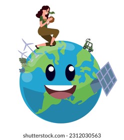 save the planet concept, woman planting a tree. Planet earth happy. Vector illustration with isolated background.