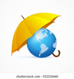 Save The Planet Concept Yellow Umbrella and Globe Blue Earth for Card and Poster. Vector illustration