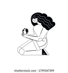 Save the planet. Contour illustration of a red haired girl holding the planet earth in her hands. Nature is in our hands. Vector outline illustration for articles, cards and your creativity.