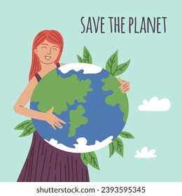 Save planet, design concept, vector illustration in cartoon style. Young happy woman hugs the Earth, leaves around, blue background and inscription on top. Caring for ecology and the environment.